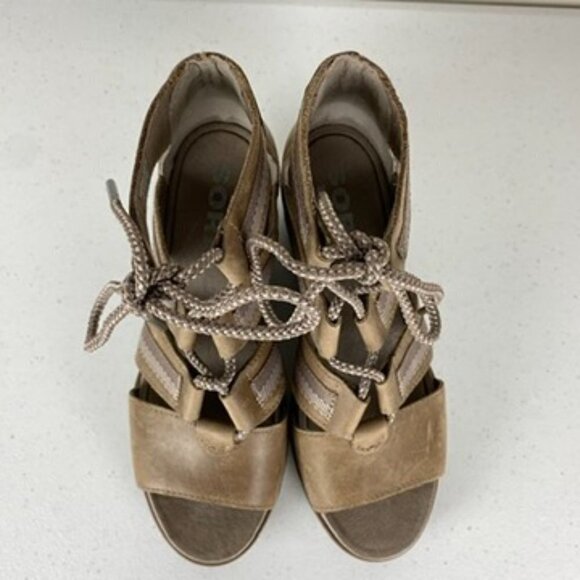 Sorel Joanie II Lace Up Sandals Wedges Womens 7.5 Tan Beige - Picture 7 of 8